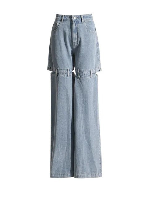 Hollow out high waist jeans with patchwork, pockets, slimming, floor-length