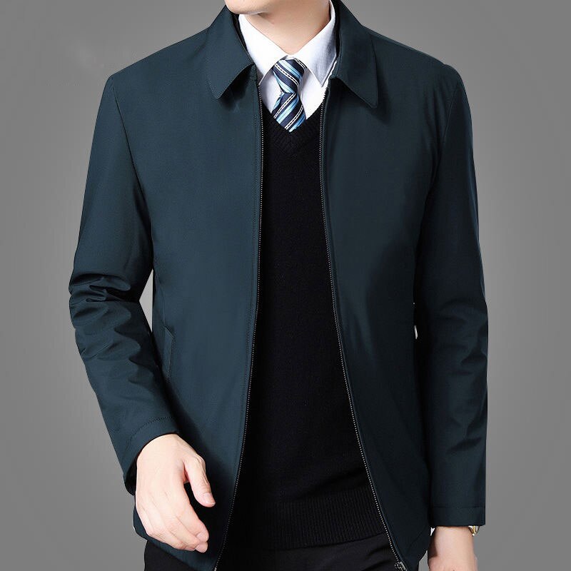 Men's winter jacket with turn-down collar, zipper pockets, and fashionable long sleeve coat