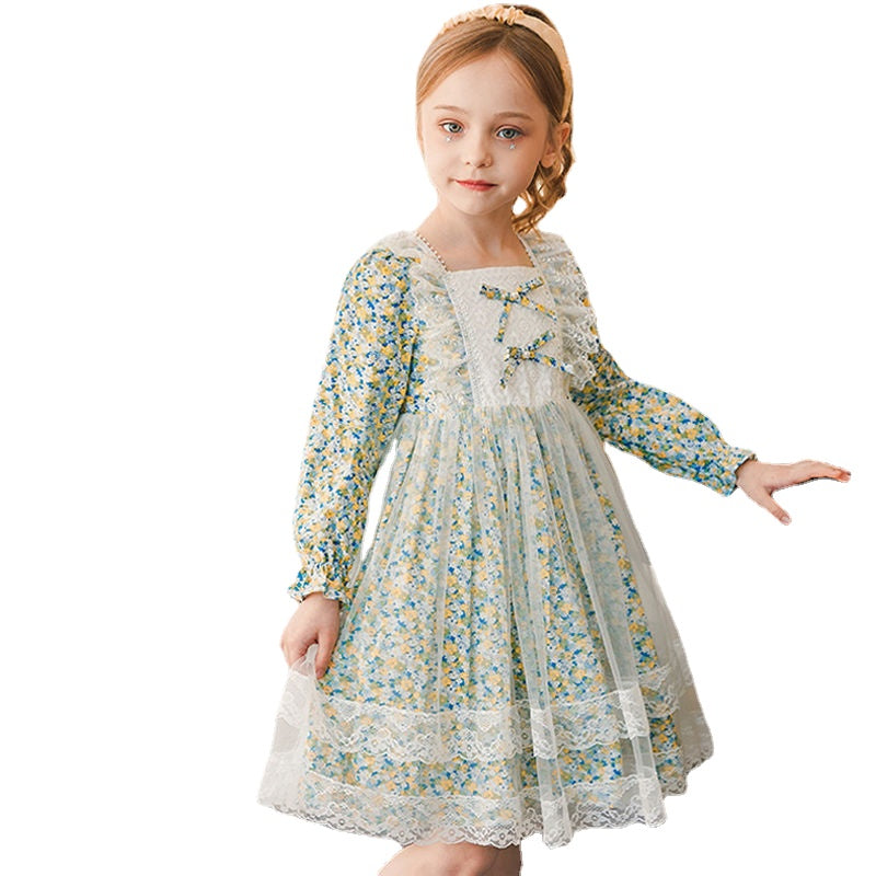 "Elegant Girls' French Princess Dress, Floral Mesh, Perfect for Spring and Everyday Wear"