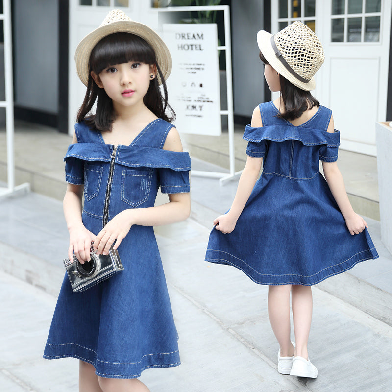 "Stylish Girls' Denim Dress, Casual Blue Jean Dress with Short Sleeves for Children"