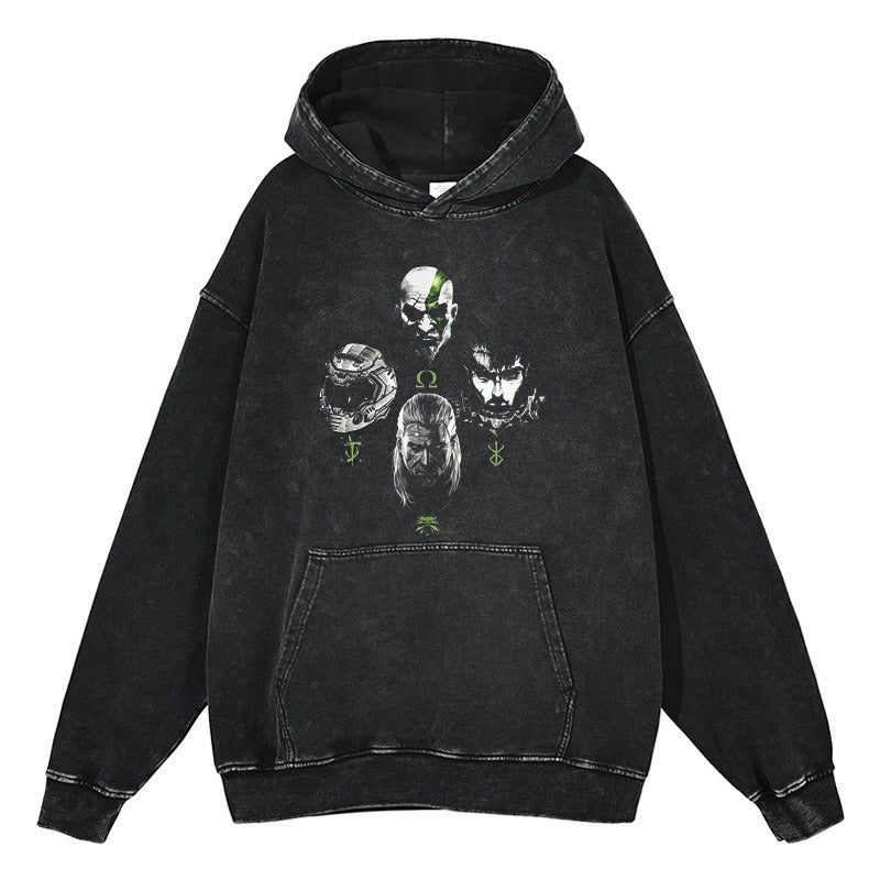 American retro washed hoodie, Men's hip-hop sword style with legendary dark print, vintage look