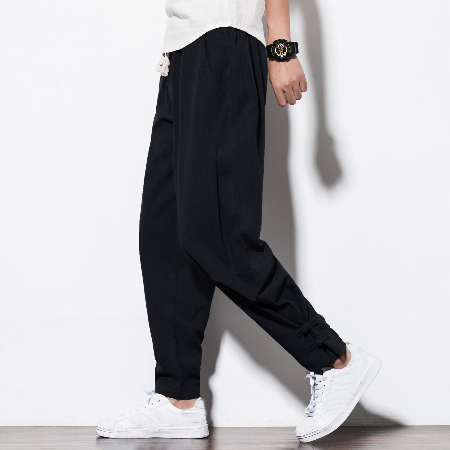 Men's linen buttoned pants, oversized and loose-fit for a relaxed, stylish look