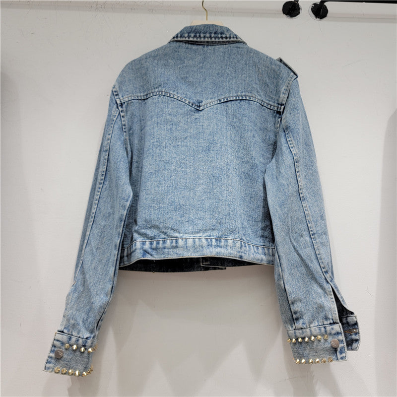 Women's handmade rhinestone beaded slimming denim jacket, all-matching short jean style