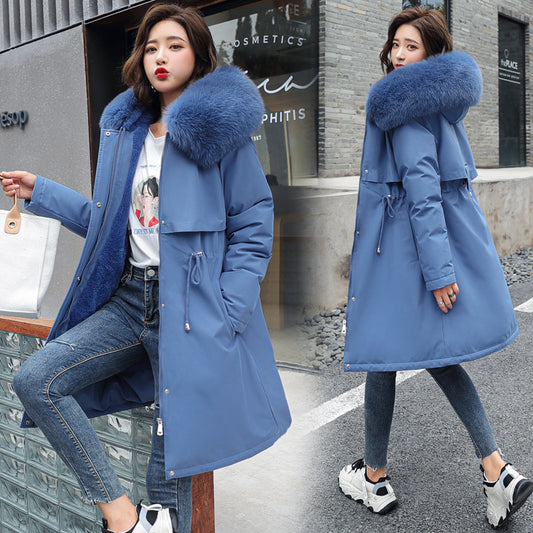 Women's fashion cotton jacket with big fur collar and fleece lining