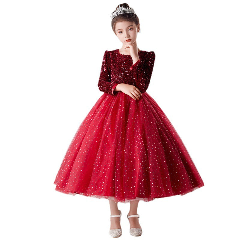 "Elegant Princess Skirt Dress for Girls, Fluffy Net Long-Sleeved Wedding & Party Dress"