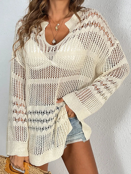 Lightweight long sleeve beach top with stylish hollow-out detailing