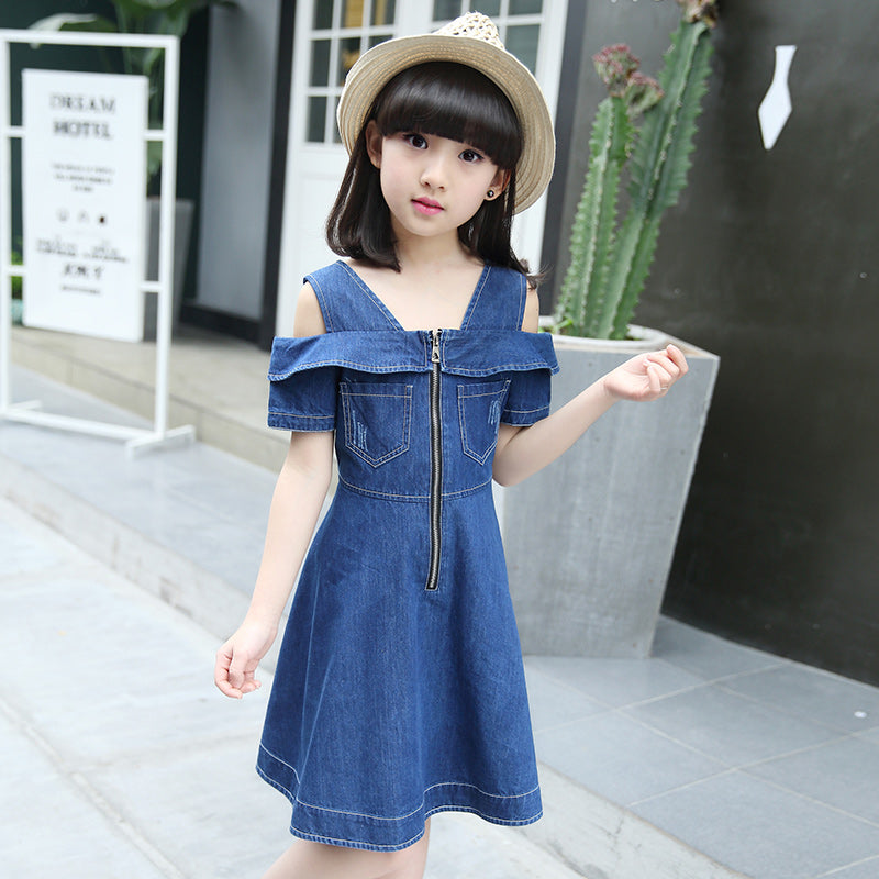 "Stylish Girls' Denim Dress, Casual Blue Jean Dress with Short Sleeves for Children"