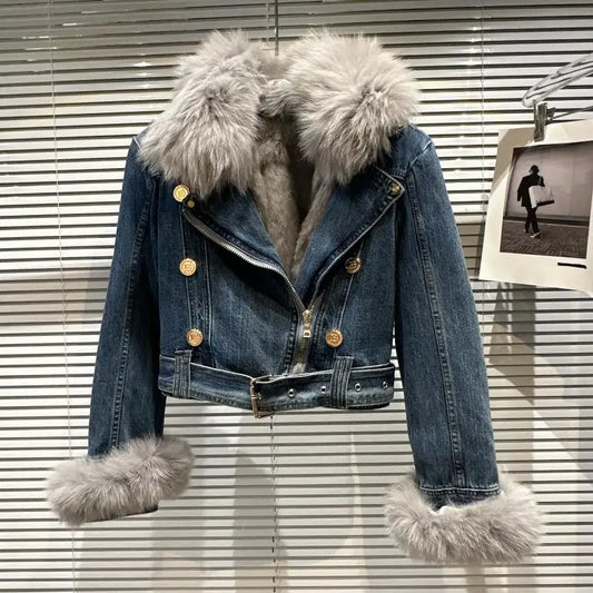 Women's denim coat with fox fur collar, rabbit lining, metal buckle, zipper, belt, high waist.