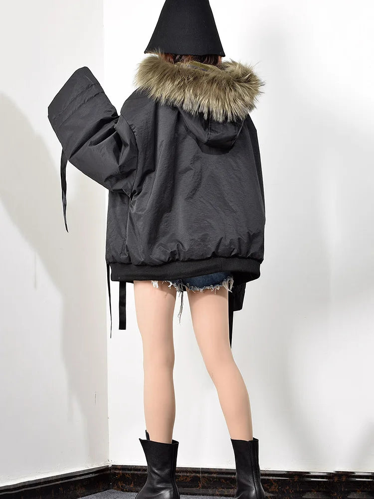 Trendy Women's Parka: Hooded Zipper Jacket with Ribbon Pockets Design