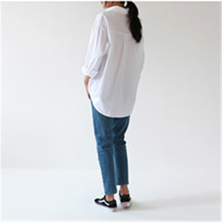 Elegant White Long Sleeve Shirt - Relaxed Fit Women's Blouse