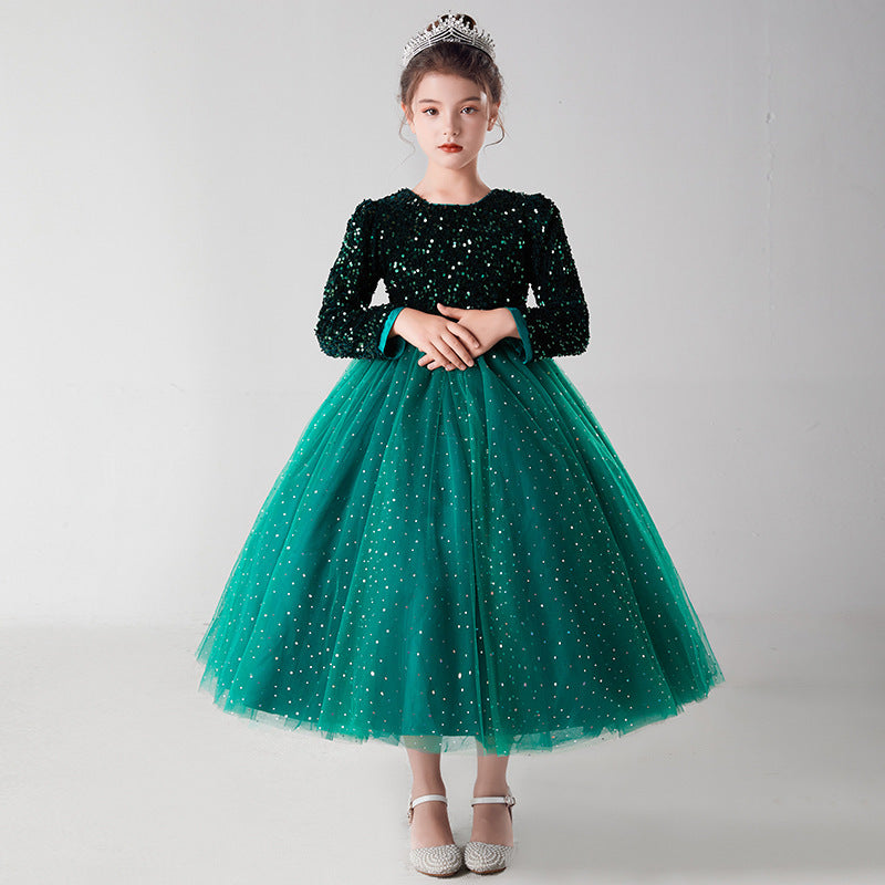 "Elegant Princess Skirt Dress for Girls, Fluffy Net Long-Sleeved Wedding & Party Dress"