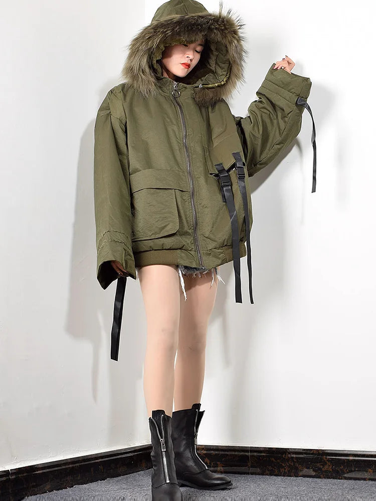 Trendy Women's Parka: Hooded Zipper Jacket with Ribbon Pockets Design