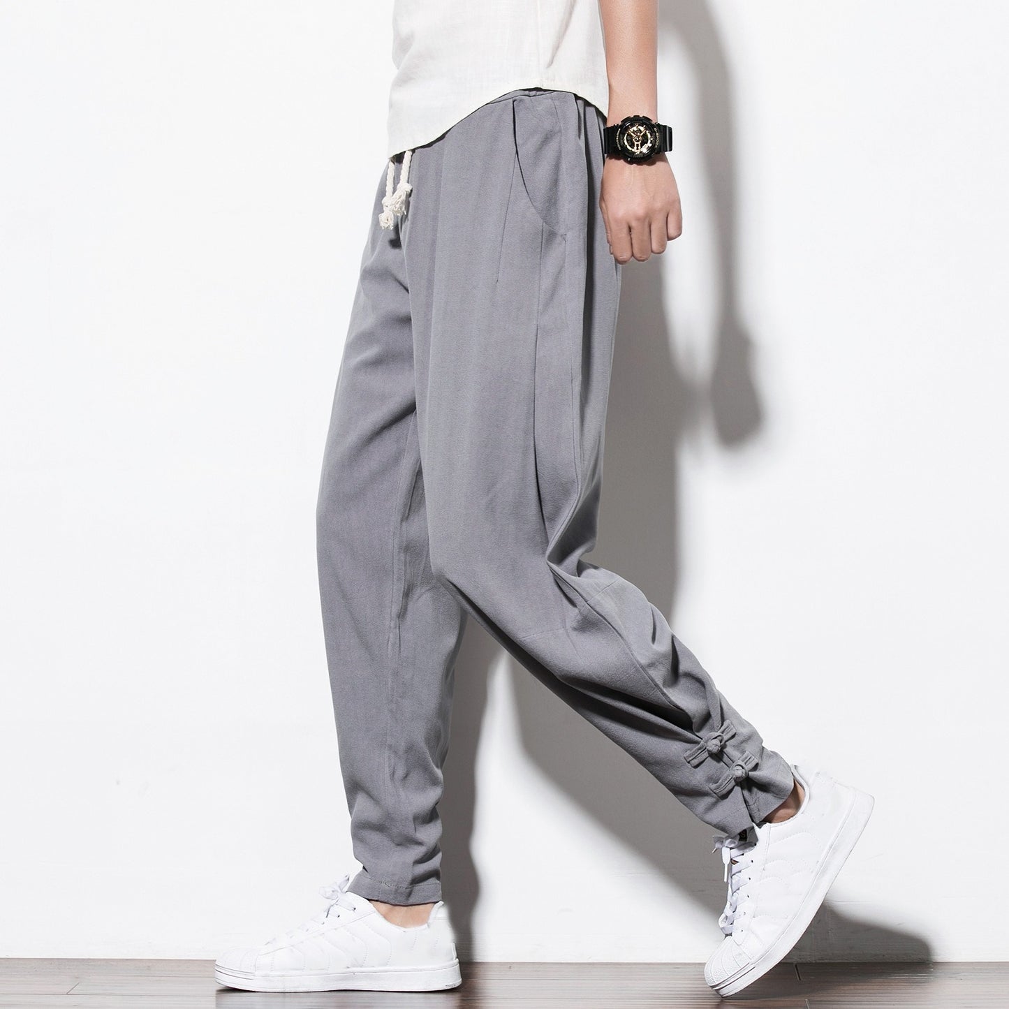 Men's linen buttoned pants, oversized and loose-fit for a relaxed, stylish look