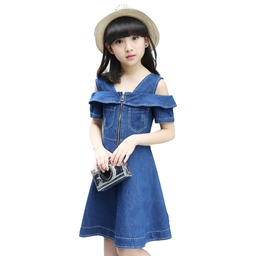 "Stylish Girls' Denim Dress, Casual Blue Jean Dress with Short Sleeves for Children"