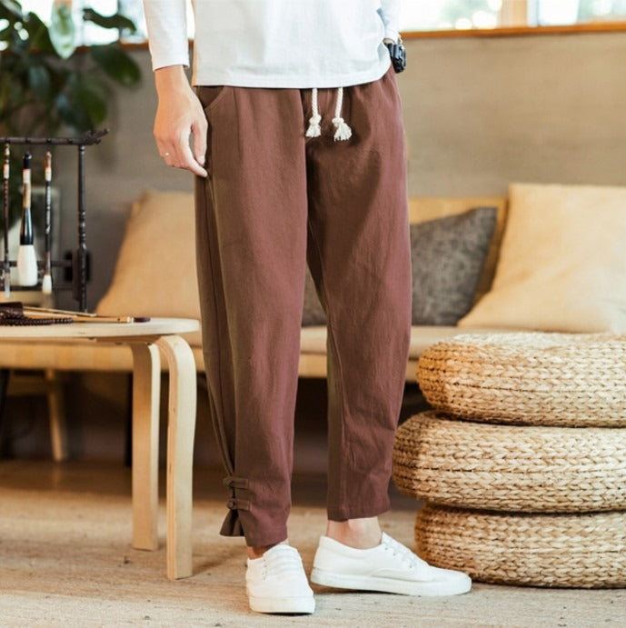 Men's linen buttoned pants, oversized and loose-fit for a relaxed, stylish look