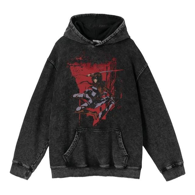 Men's Trendy Anime Print Water Wash Retro Hooded Hoodie Fashion