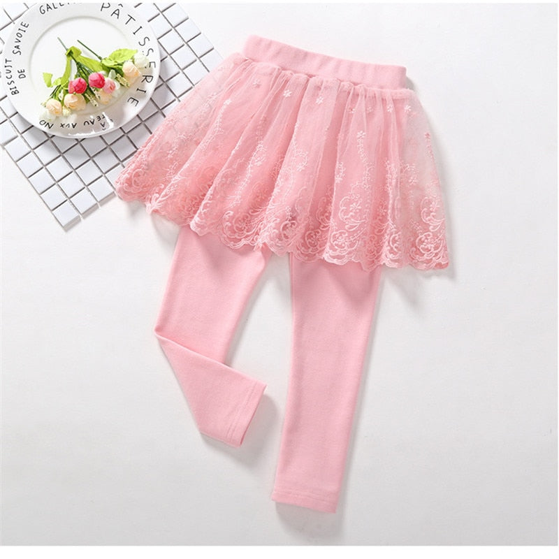 "Adorable Cotton Girls' Leggings with Lace Princess skirt Pants, Perfect for Spring & Autumn."