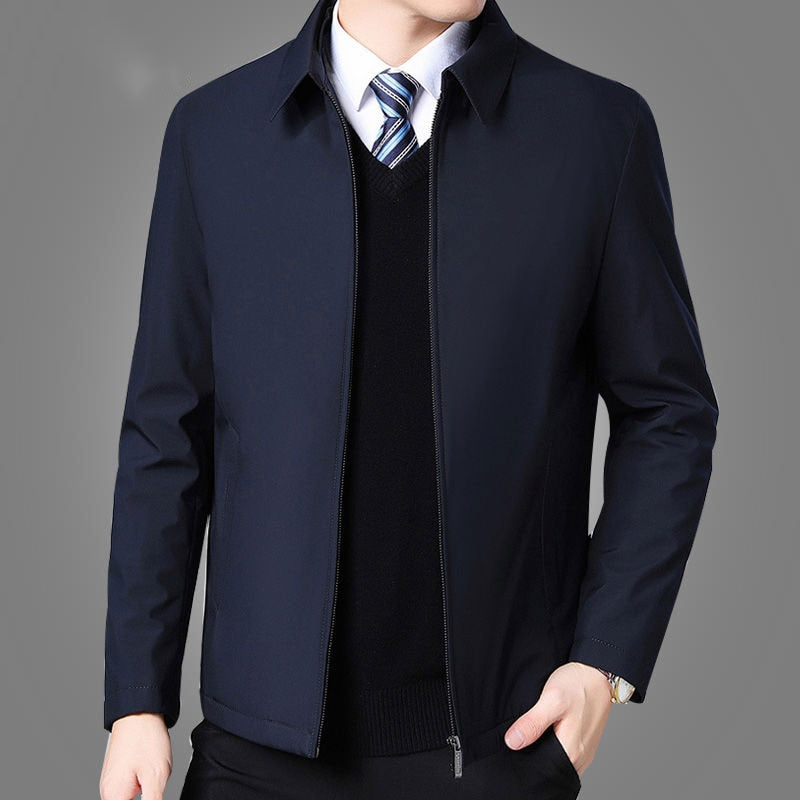 Men's winter jacket with turn-down collar, zipper pockets, and fashionable long sleeve coat