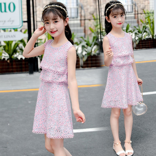 Girls' pink princess dress with lace details, perfect for summer elegance