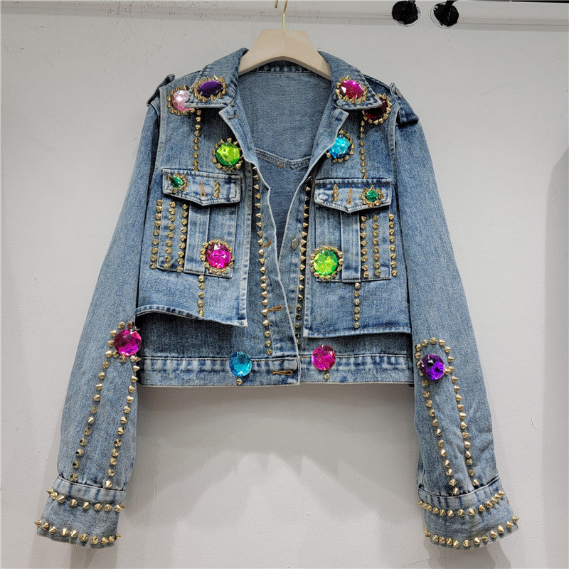 Women's handmade rhinestone beaded slimming denim jacket, all-matching short jean style