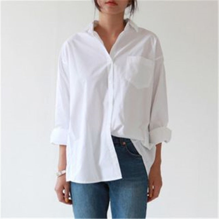 Elegant White Long Sleeve Shirt - Relaxed Fit Women's Blouse