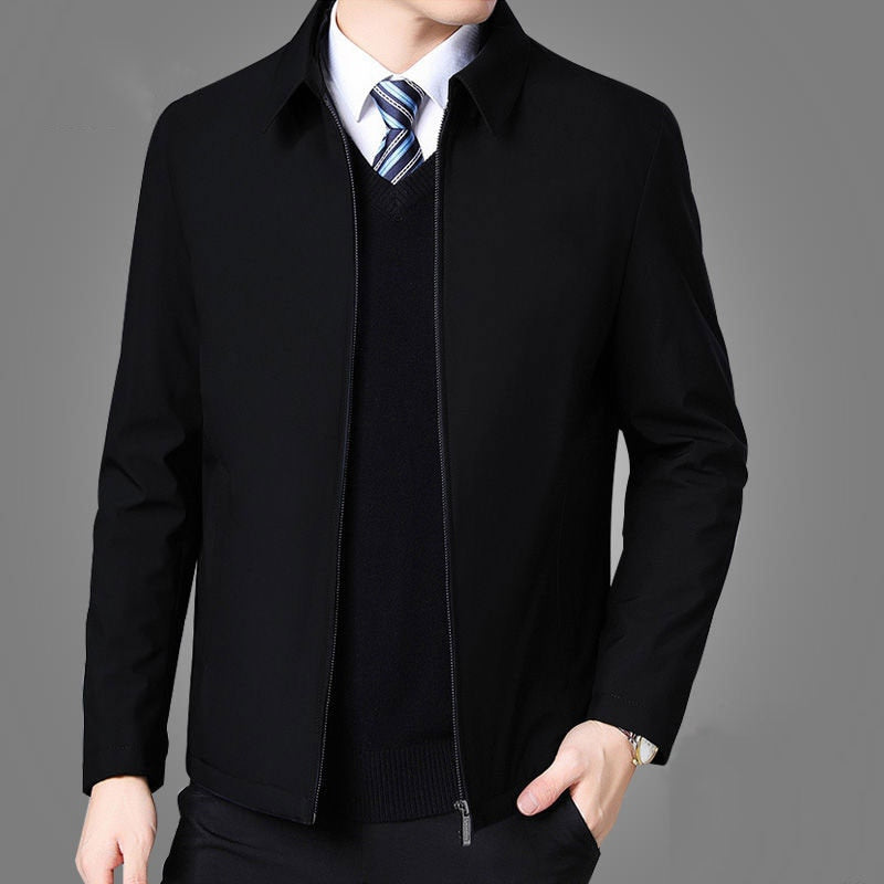 Men's winter jacket with turn-down collar, zipper pockets, and fashionable long sleeve coat