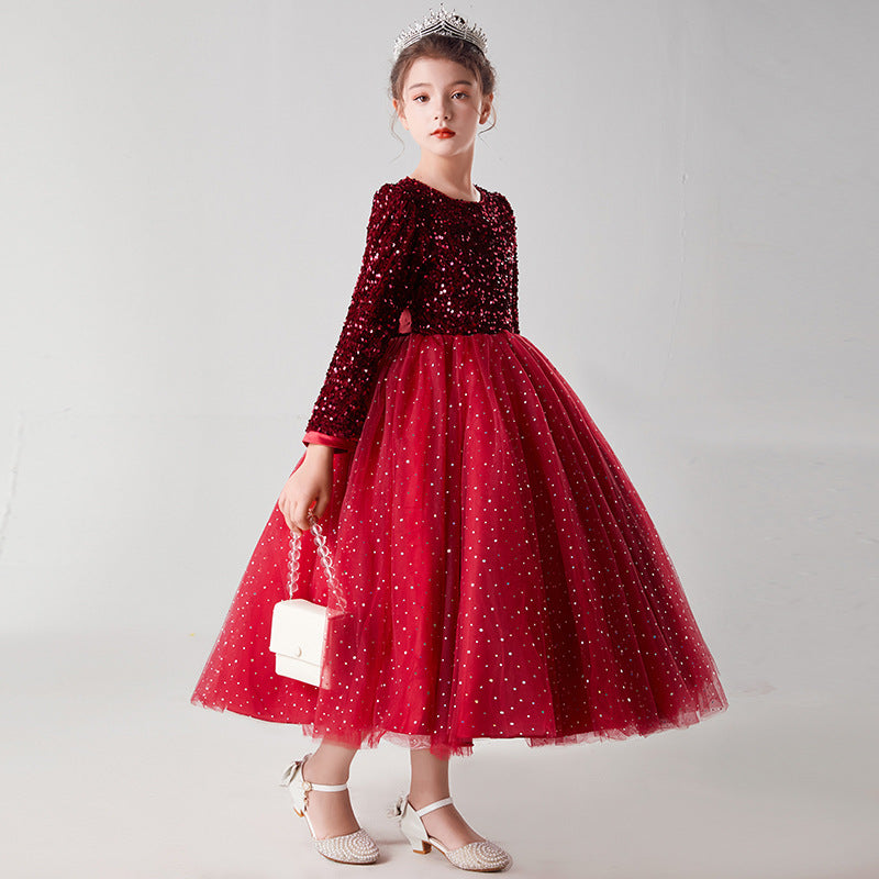 "Elegant Princess Skirt Dress for Girls, Fluffy Net Long-Sleeved Wedding & Party Dress"