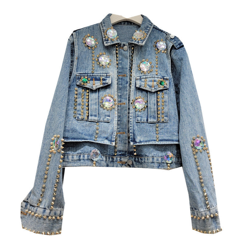 Women's handmade rhinestone beaded slimming denim jacket, all-matching short jean style