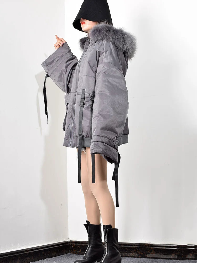 Trendy Women's Parka: Hooded Zipper Jacket with Ribbon Pockets Design