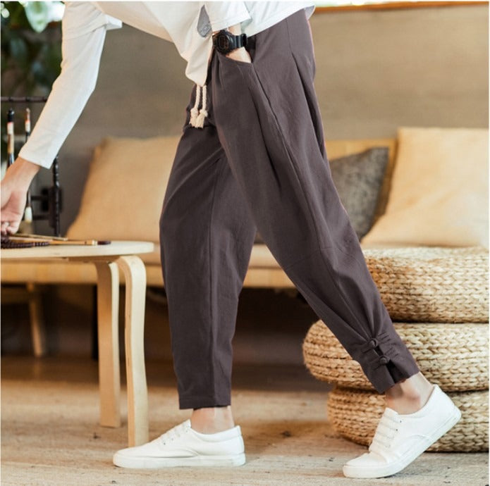 Men's linen buttoned pants, oversized and loose-fit for a relaxed, stylish look