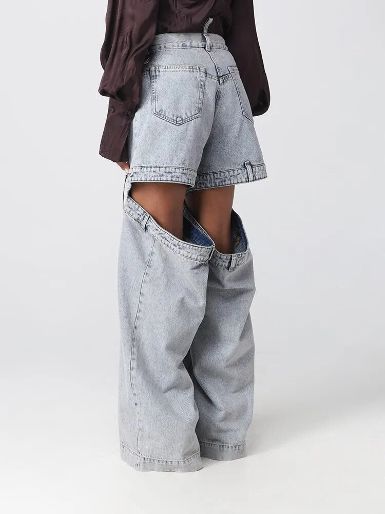 Hollow out high waist jeans with patchwork, pockets, slimming, floor-length