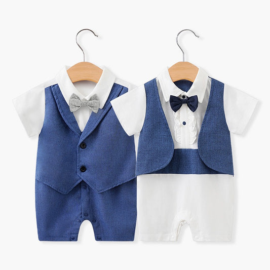 Newborn baby jumpsuit in British style, short-sleeved gentleman outfit for one-year-olds