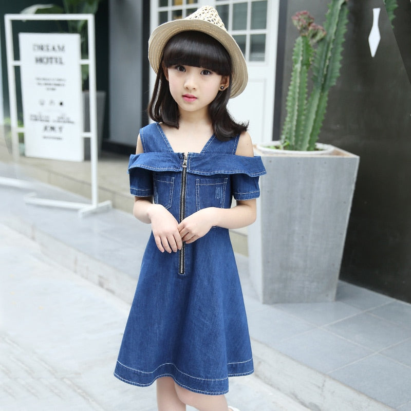 "Stylish Girls' Denim Dress, Casual Blue Jean Dress with Short Sleeves for Children"