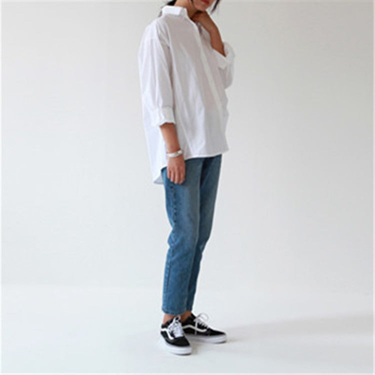 Elegant White Long Sleeve Shirt - Relaxed Fit Women's Blouse