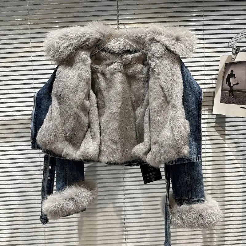 Women's denim coat with fox fur collar, rabbit lining, metal buckle, zipper, belt, high waist.