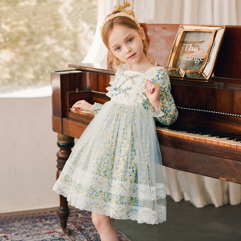 "Elegant Girls' French Princess Dress, Floral Mesh, Perfect for Spring and Everyday Wear"