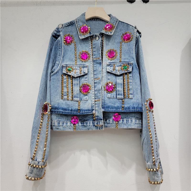 Women's handmade rhinestone beaded slimming denim jacket, all-matching short jean style