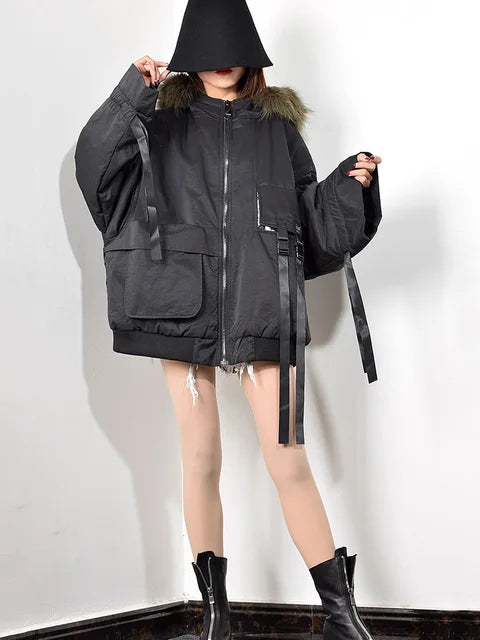 Trendy Women's Parka: Hooded Zipper Jacket with Ribbon Pockets Design