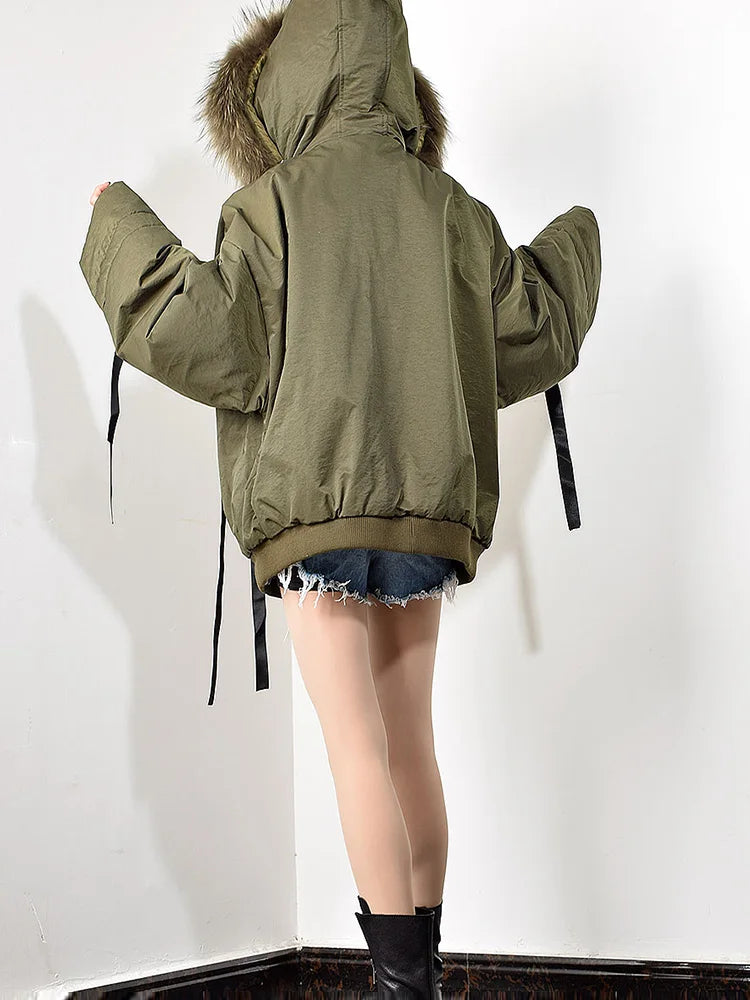 Trendy Women's Parka: Hooded Zipper Jacket with Ribbon Pockets Design