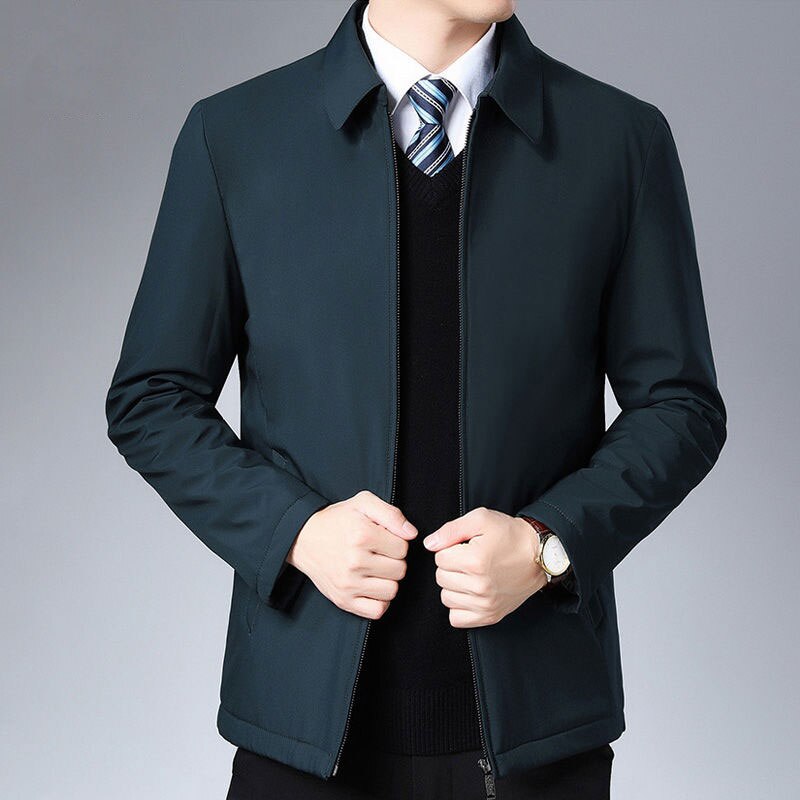 Men's winter jacket with turn-down collar, zipper pockets, and fashionable long sleeve coat