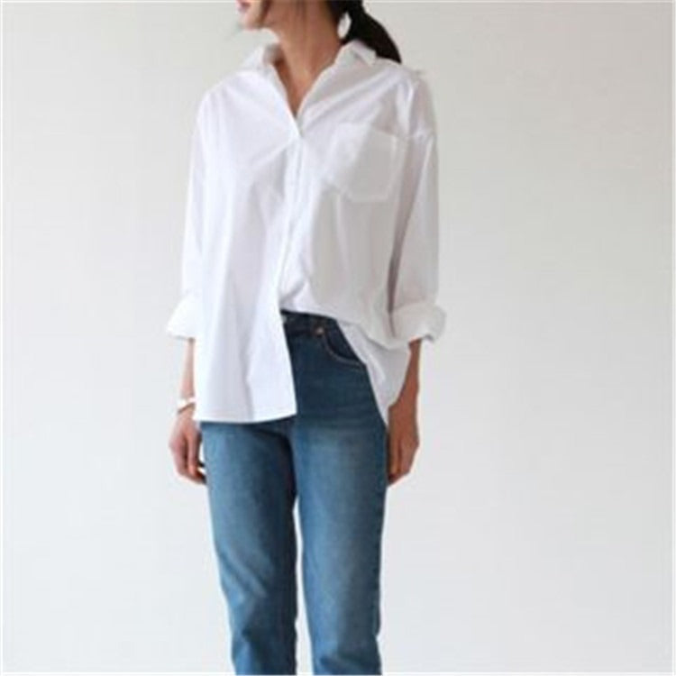 Elegant White Long Sleeve Shirt - Relaxed Fit Women's Blouse