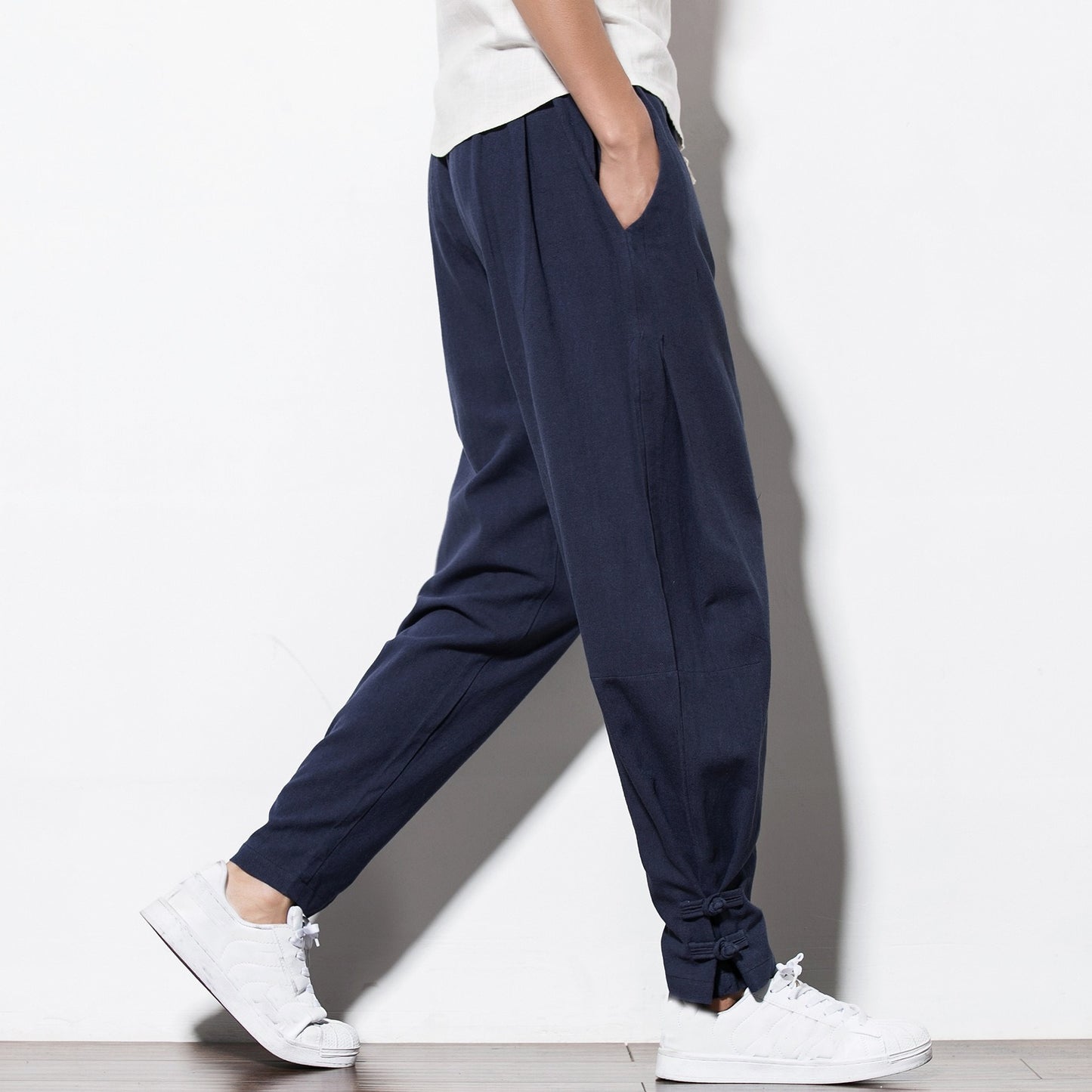 Men's linen buttoned pants, oversized and loose-fit for a relaxed, stylish look