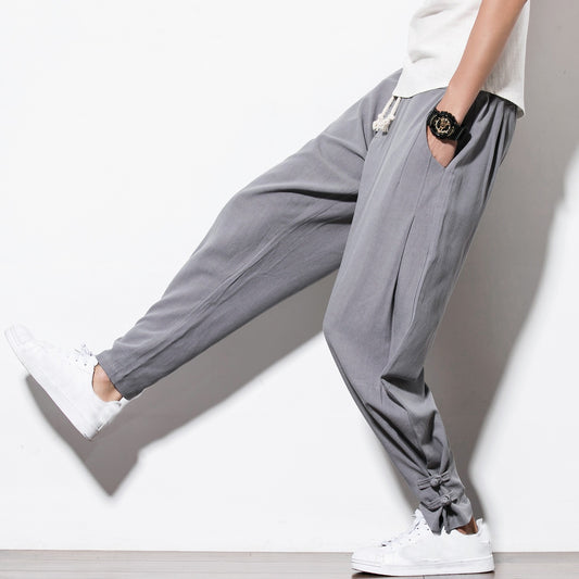 Men's linen buttoned pants, oversized and loose-fit for a relaxed, stylish look