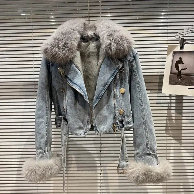 Women's denim coat with fox fur collar, rabbit lining, metal buckle, zipper, belt, high waist.