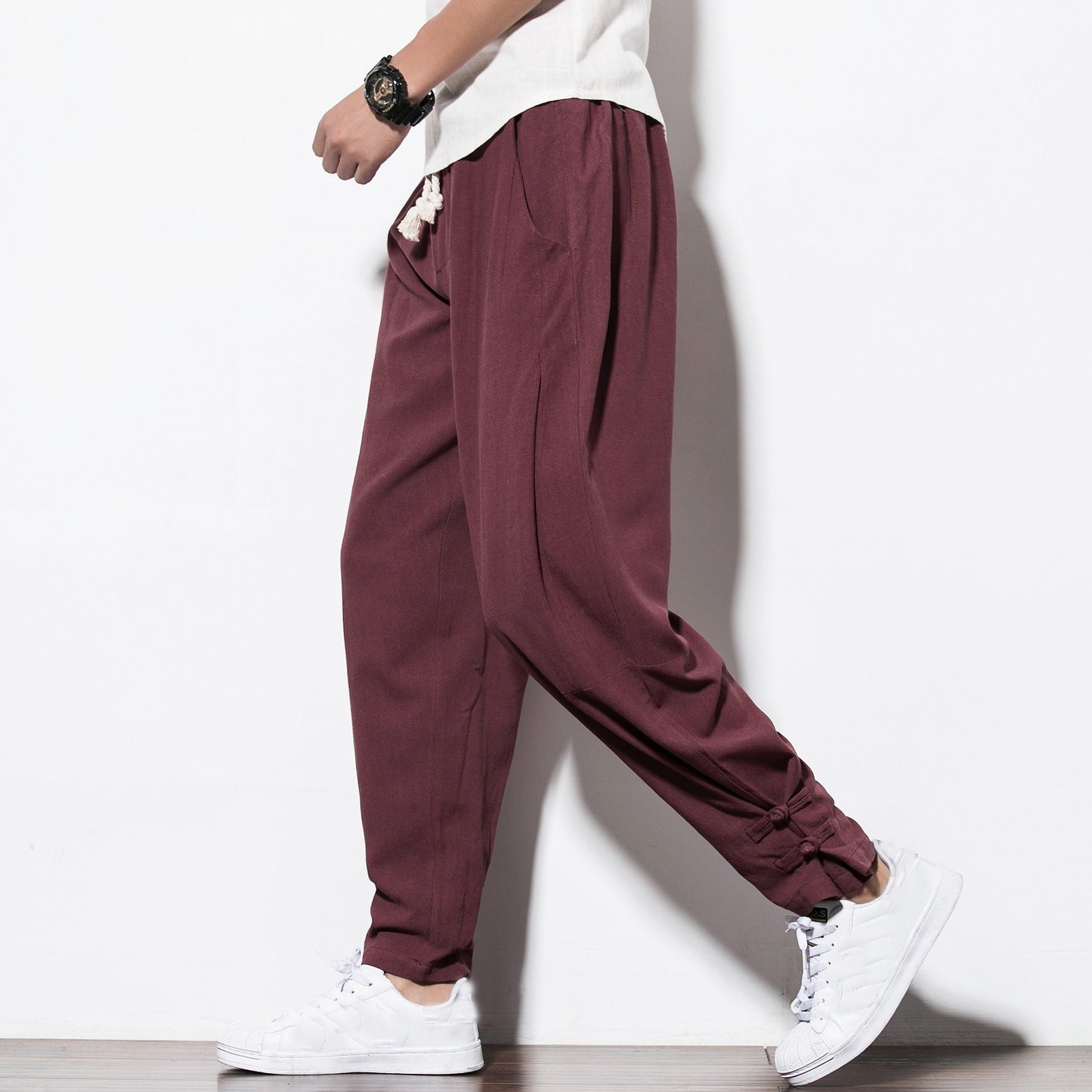 Men's linen buttoned pants, oversized and loose-fit for a relaxed, stylish look