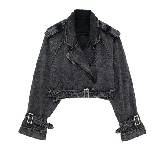 Women's Autumn Long Sleeve Cropped Denim Jacket with Belt Detail