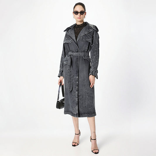 Women's denim trench coat, pearl lace-up detail, loose fit, all-match long overcoat