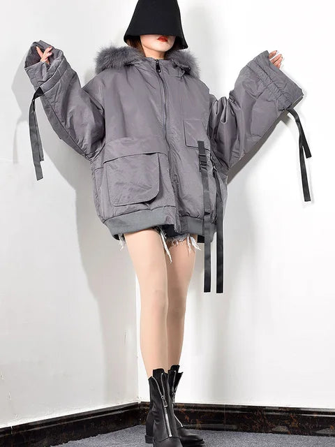 Trendy Women's Parka: Hooded Zipper Jacket with Ribbon Pockets Design