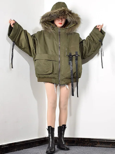 Trendy Women's Parka: Hooded Zipper Jacket with Ribbon Pockets Design