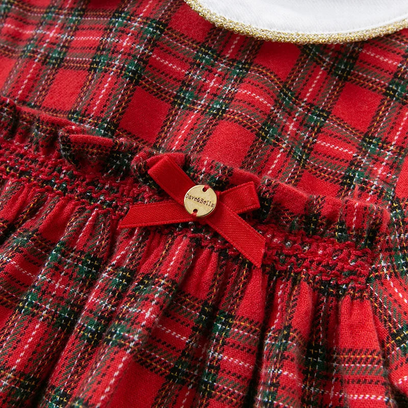 Adorable baby girl’s bow, ruched plaid dress for parties.